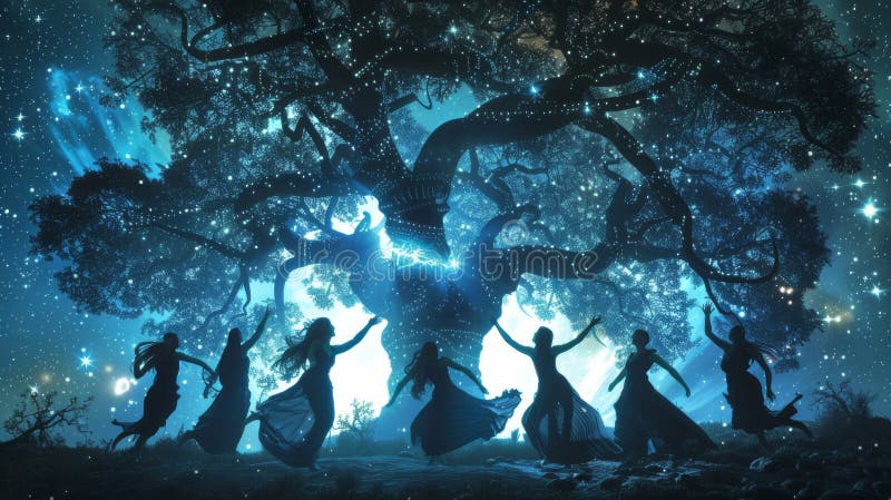 Celestial beings dancing around an ancient tree within a star-dusted woodland royalty free illustration