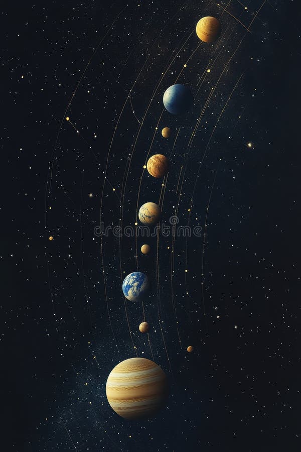 Celestial Bodies Orbiting in Space Stunning Planetary Alignment Starry Night royalty free illustration