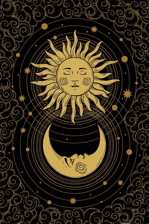 Celestial golden crescent moon pattern with face, sun and clouds on a black background. Boho design elements for tarot