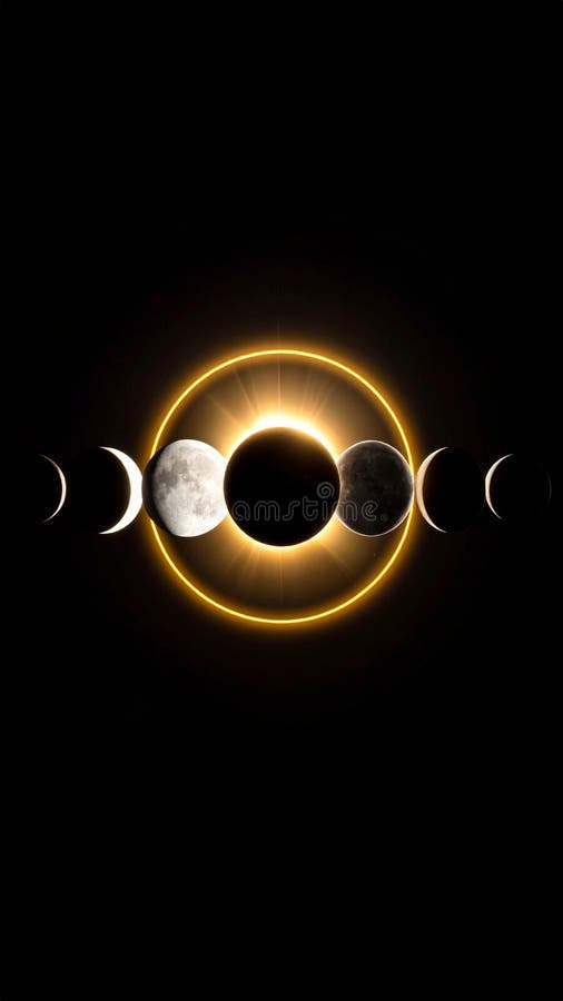 Celestial Lunar Cycle and Total Solar Eclipse with Glowing Corona in Dark Space stock image