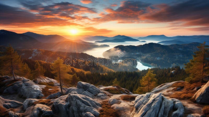 Celestial spectacle breathtaking sunrise with golden rays piercing clouds in misty landscape stock image