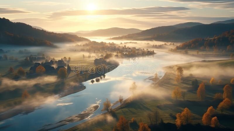 Celestial spectacle dramatic sunrise with golden rays piercing clouds above misty landscape royalty free stock image