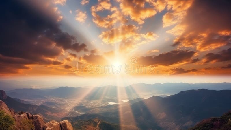 Celestial spectacle dramatic sunrise with golden rays piercing through clouds above misty landscape stock image
