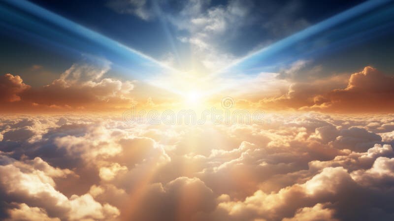 Celestial spectacle dramatic sunrise sky with golden rays piercing clouds above misty landscape royalty free stock image