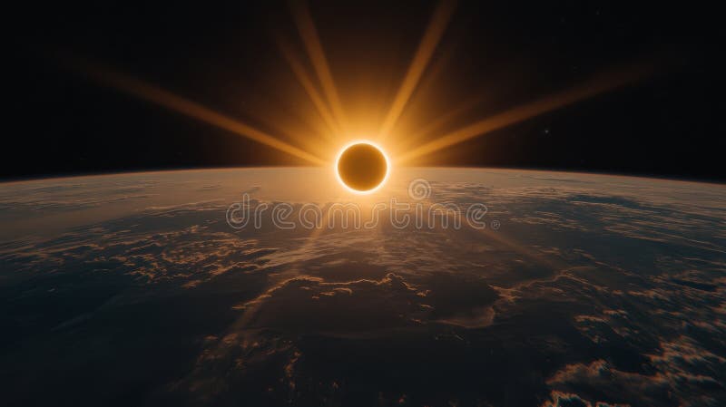 Celestial Spectacle A Solar Eclipse Viewed From Above Earth, Dazzling Sun Rays Piercing Space stock image