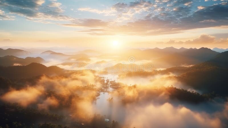 Celestial sunrise with golden rays piercing through clouds above misty landscape royalty free stock image