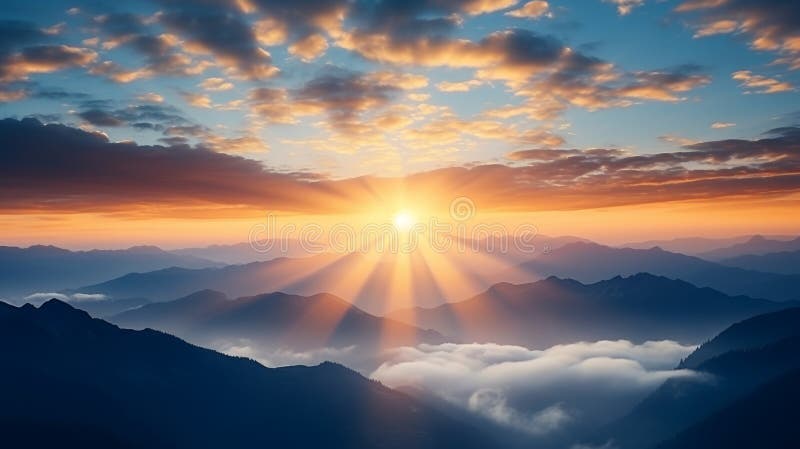 Celestial sunrise golden rays piercing through clouds above misty landscape in a divine spectacle stock photography
