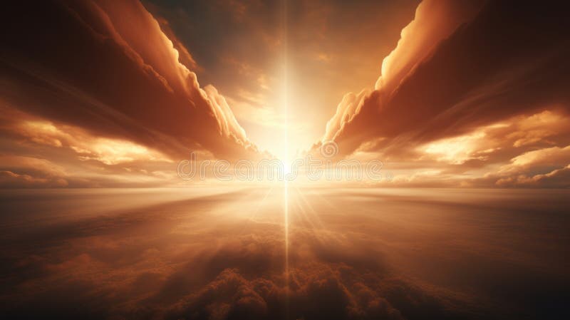 Celestial sunrise golden rays piercing clouds in breathtaking display over misty landscape stock images