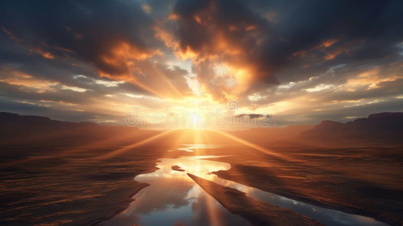 Celestial sunrise golden rays piercing dramatic clouds over misty landscape in heavenly spectacle stock images