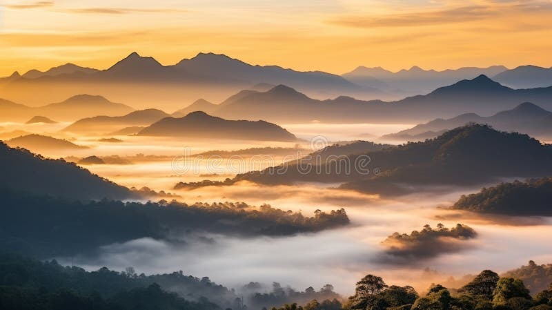 Celestial sunrise golden rays piercing dramatic sky above misty landscape in captivating spectacle royalty free stock image