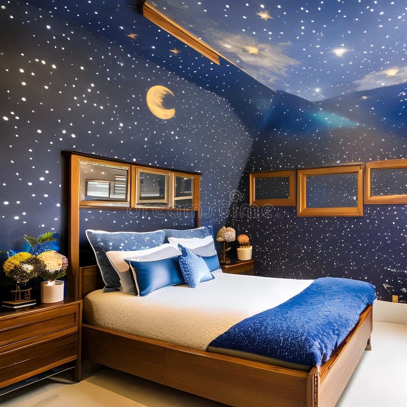 A Celestial themed Bedroom with Glow in the dark Star Murals Moon