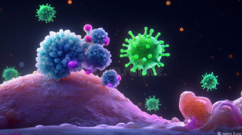 A cell biology setting is the backdrop for this conceptual microscope image, which features a live cell with glowing royalty free stock photography