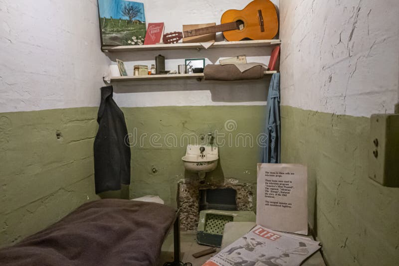 San Francisco, CA, USA - July 12, 2023: Inside historic Alcatraz prison. Cell of escaped prisoner as he left it behind. San Francisco, CA, USA - July 12, 2023: Inside historic Alcatraz prison. Cell of escaped prisoner as he left it behind