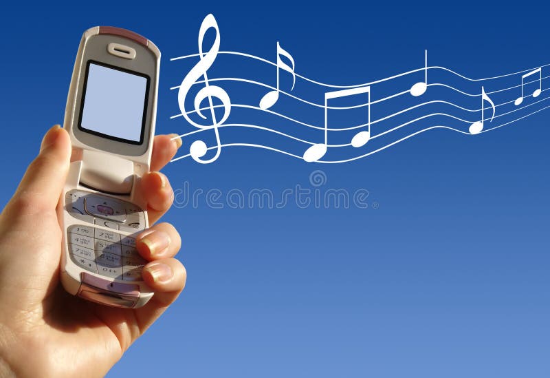 Hand holding cell phone against blue sky, musical notes floating out of it