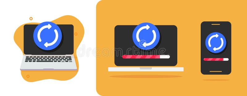 Cell phone app update icon, computer pc laptop system upgrade process vector graphic set 3d flat illustration, mobile cellphone vector illustration