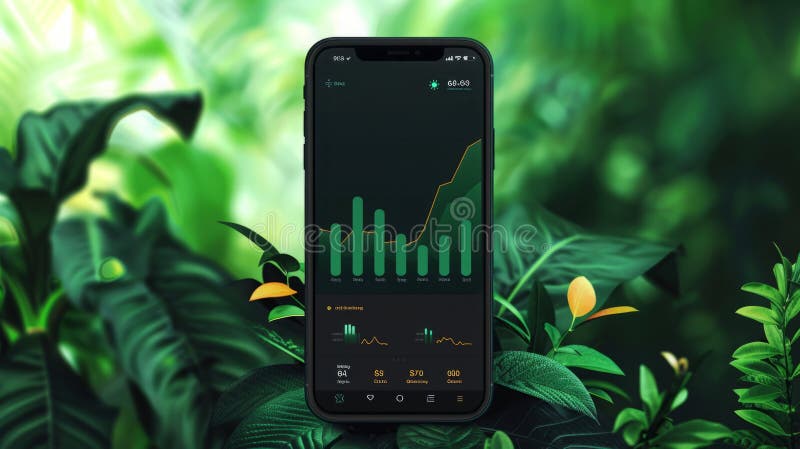 Cell Phone Displaying Bar Chart. A cell phone screen showing a digital bar chart graphic, displaying data and statistics. AI generated