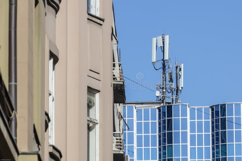Cell sites. Zagreb, Croatia - April 15, 2020 : Cell sites on the roof of a apartment building in downtown of Zagreb, Croatia stock photography Cell sites. Zagreb, Croatia - April 15, 2020 : Cell sites on the roof of a apartment building in downtown of Zagreb, Croatia stock photography