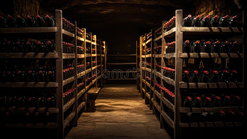 Cellarröda och vita vinflaskor illustrerar lagringsorten Rustit lagringsutrymme. Mogna temperaturer Cellar Red och vita vinflaskor AI genererade