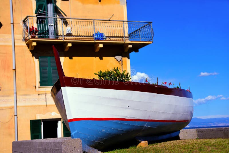 typical Ligurian boat used as a planter celle Ligure Italy