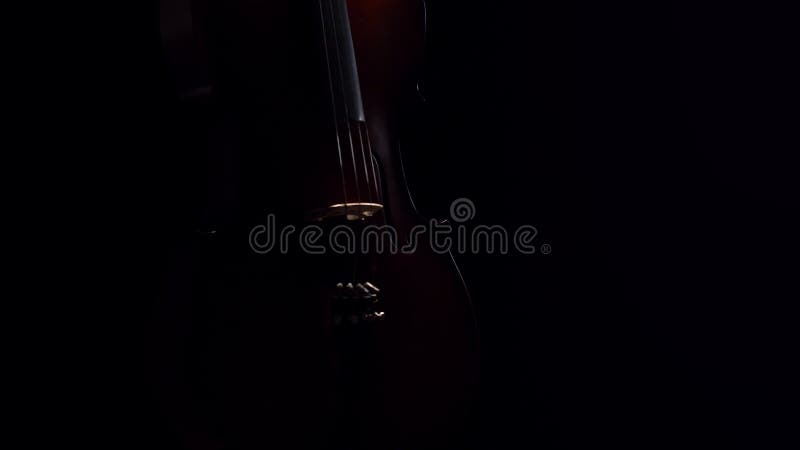 Cello, dimly lit, makes half turn on dark background in studio, front view. Cello is spinning on spot in dark studio.