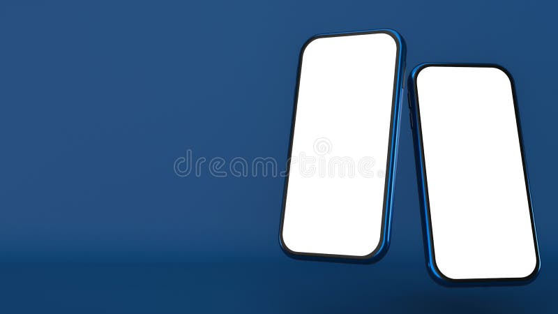 Smartphone on classic blue background, mobile phone concept, modern technology illustration, 3d. Cellphone mockup composition stock image