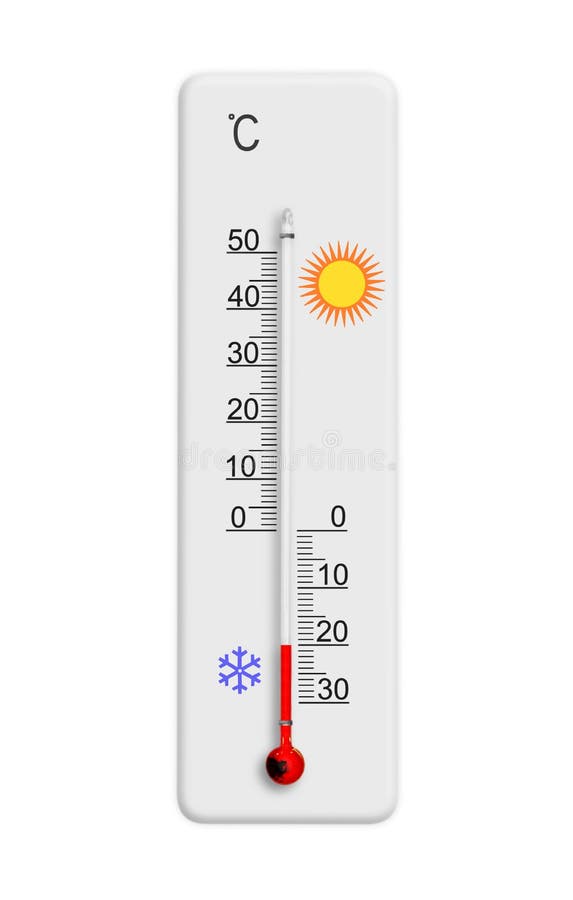 Celsius scale thermometer for measuring weather temperature. Thermometer  isolated on white background. Ambient temperature plus 43 degrees Stock  Photo