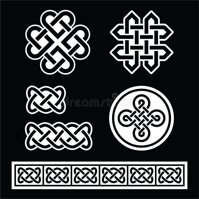 Celtic Irish patterns and braids on black background stock illustration