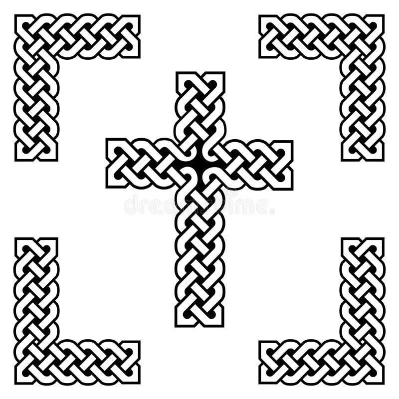 Celtic style endless knot cross symbols in white and black, with black filling between knots, in knotted frame