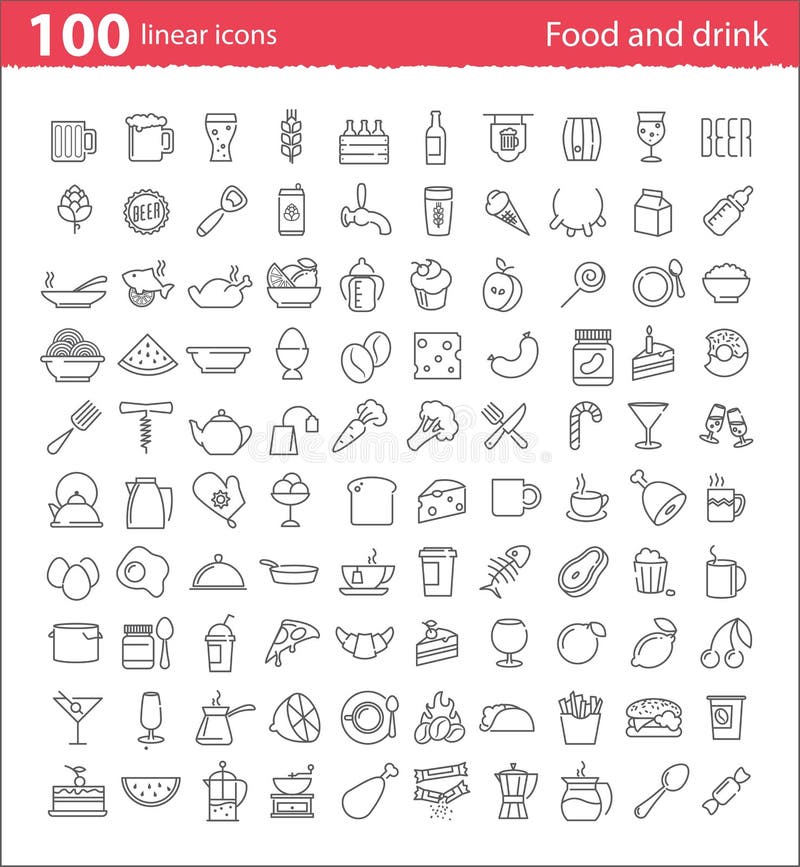 Cem linhas finas alimento e ícones da bebida ilustração royalty free Cem linhas finas alimento e ícones da bebida ilustração royalty free