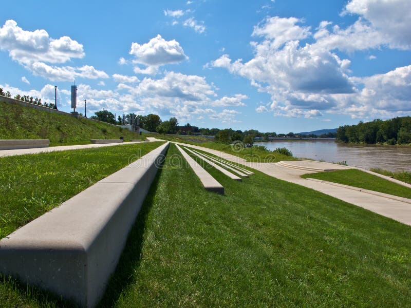 Cement Benches in Riverside Park Stock Image - Image of river, lawn