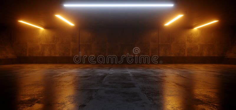 Cement Dark Grunge Orange White Glowing Led Parking Underground Car Magazzino Garage Studio Rough Reflective Spaceship illustrazione vettoriale Cement Dark Grunge Orange White Glowing Led Parking Underground Car Magazzino Garage Studio Rough Reflective Spaceship illustrazione vettoriale