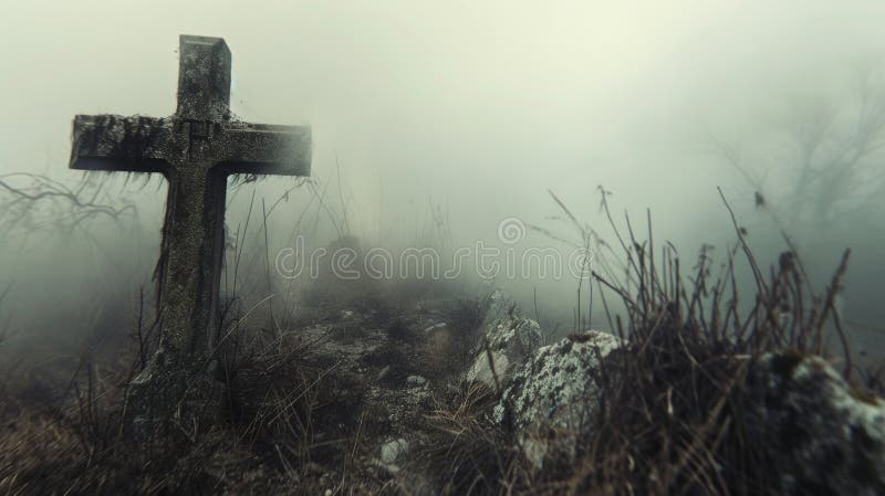Misty cemetery with an old cross. AI generated. Misty cemetery with an old cross. AI generated