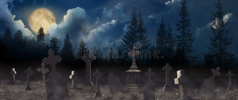 Misty cemetery with old creepy headstones under full moon. Halloween banner design. Misty cemetery with old creepy headstones under full moon. Halloween banner design