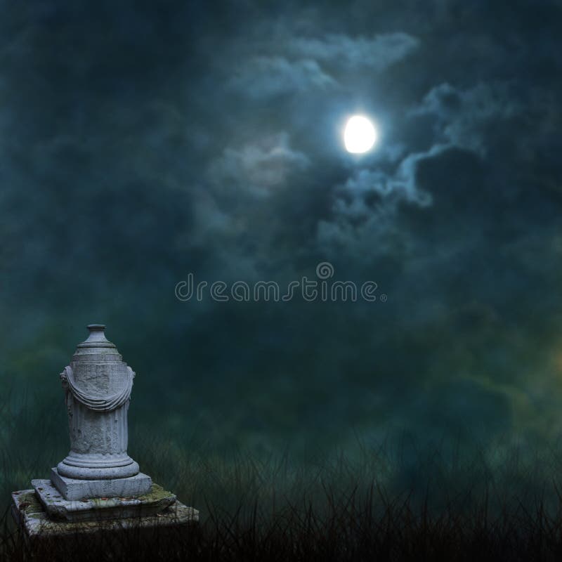 Spooky Halloween graveyard with dark clouds and ominous moon. Spooky Halloween graveyard with dark clouds and ominous moon