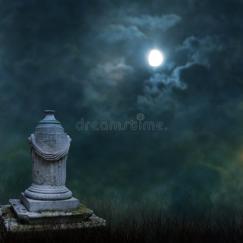 Spooky Halloween graveyard with dark clouds and ominous moon. Spooky Halloween graveyard with dark clouds and ominous moon