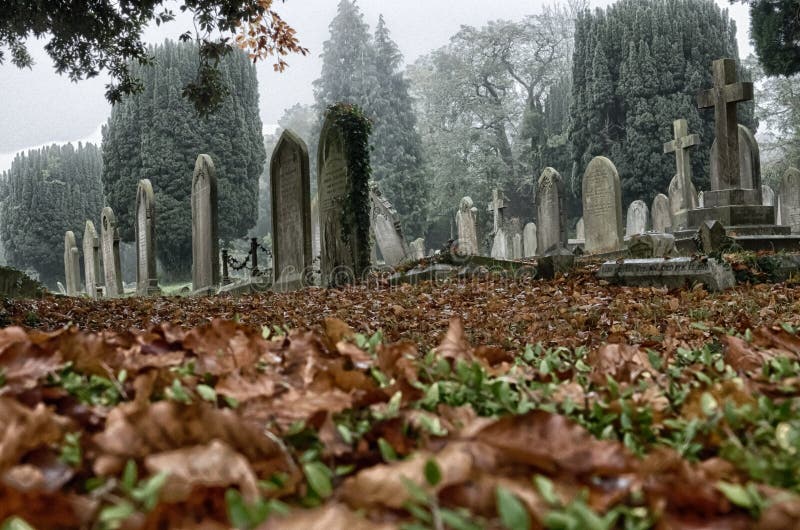 English cemetery on a cloudy, misty and foggy autumn day. English cemetery on a cloudy, misty and foggy autumn day