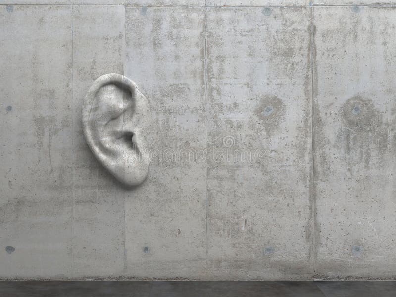 Cementsculptuur in de vorm van een mensenoor op een betonnen wand Illustratie van de metafoor