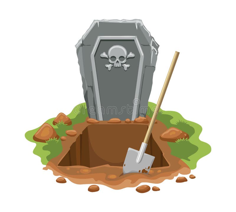 Cemetery digged grave hole. Vector burial graves ground with gravestone with skull and gravedigger shovel, headstone monument and digging dirt vector illustration