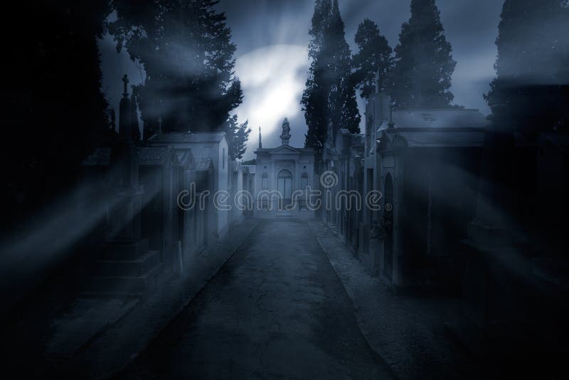 Cemetery in a foggy full moon night royalty free stock image Cemetery in a foggy full moon night royalty free stock image