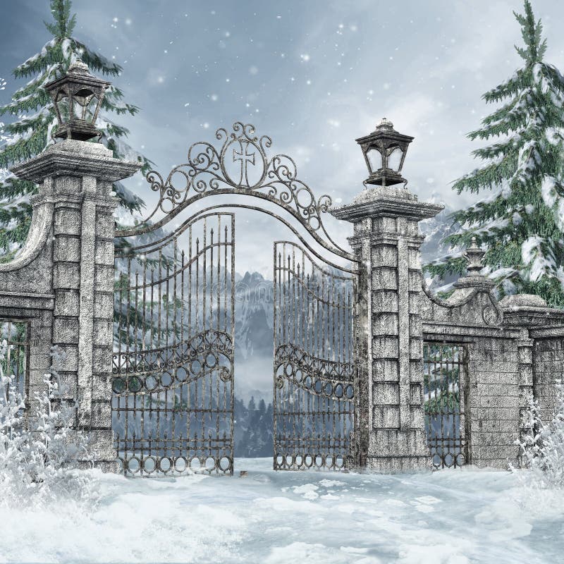 Cemetery gate in a winter forest