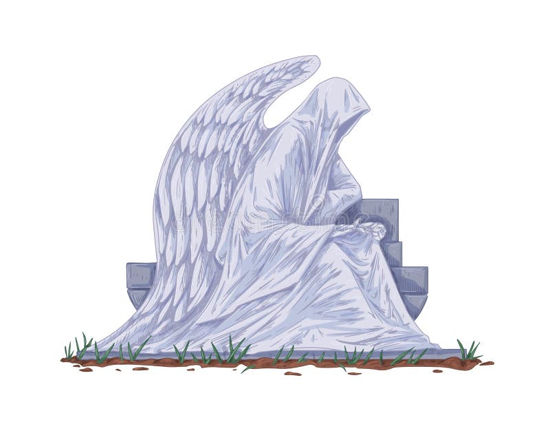 Cemetery gravestone with angel sculpture. Catholic tombstone and sitting statue with wings. Christian headstone of tomb in vintage style. Drawn colored vector illustration isolated on white background.