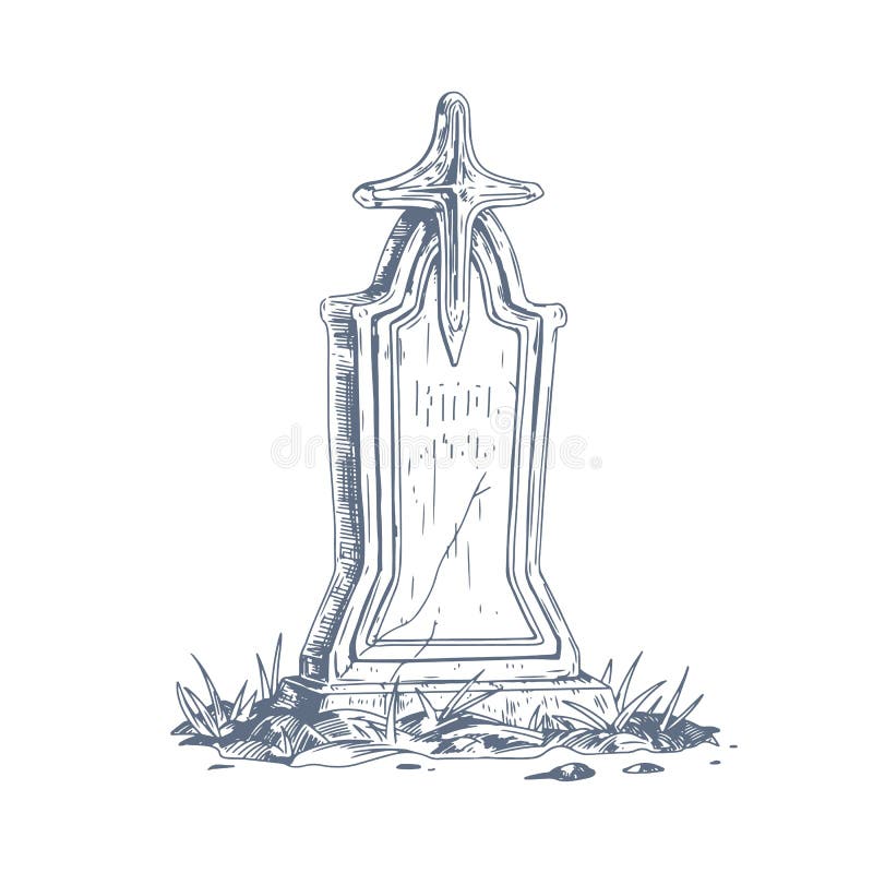 Cemetery gravestone with stone cross. Sketch of old medieval religious tombstone in vintage style. Ancient funeral art