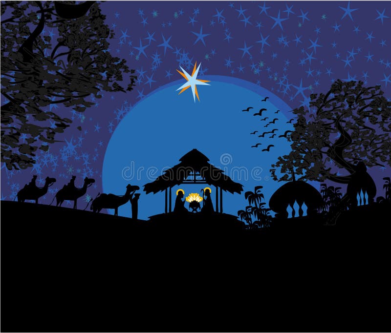Cena bíblica - nascimento de Jesus em Bethlehem. ilustração do vetor Cena bíblica - nascimento de Jesus em Bethlehem. ilustração do vetor