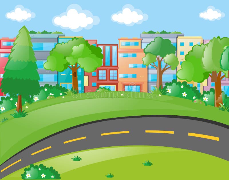 Cena com construções e a estrada vazia ilustração stock Cena com construções e a estrada vazia ilustração stock