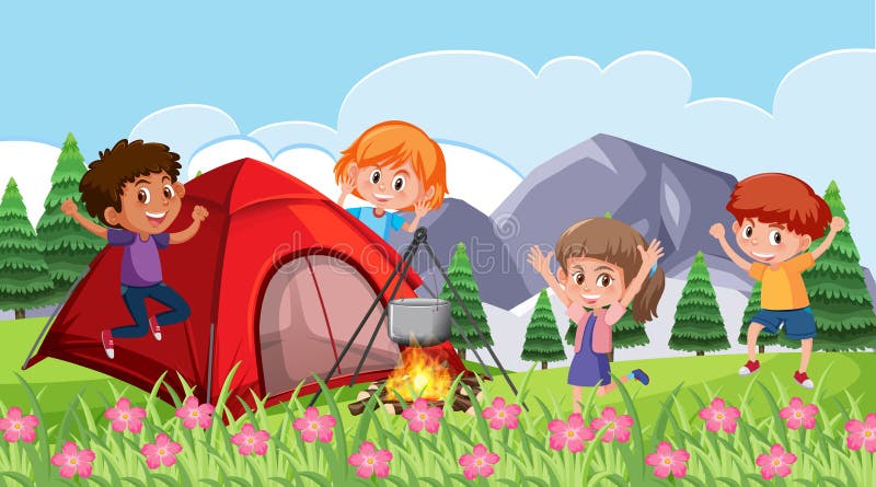 Cena com crianças felizes acampando no parque ilustração royalty free