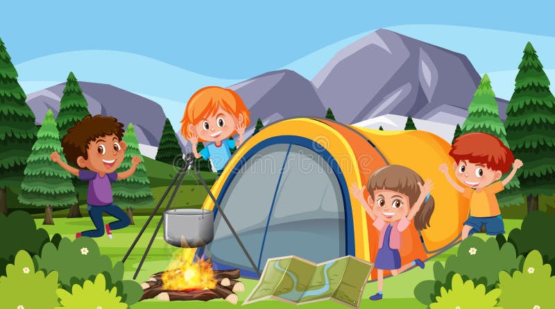 Cena com crianças felizes acampando no parque ilustração do vetor