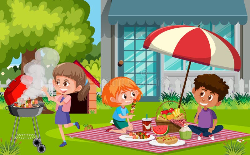 Cena com crianças felizes a comer no parque ilustração stock