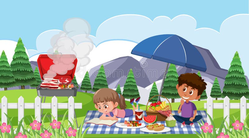 Cena com crianças felizes comendo no parque ilustração do vetor