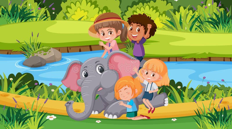 Cena com crianças felizes e elefante no parque ilustração do vetor