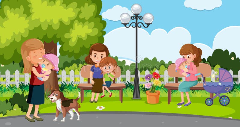 Cena com mães e crianças felizes no parque ilustração royalty free